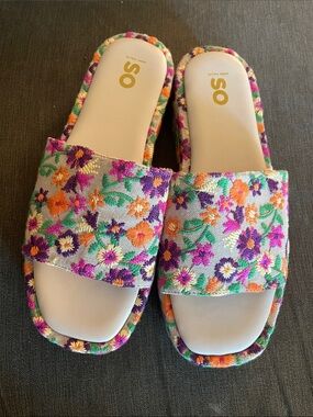 SO Embroidered Floral Slide Sandals in Purple, Orange & Green